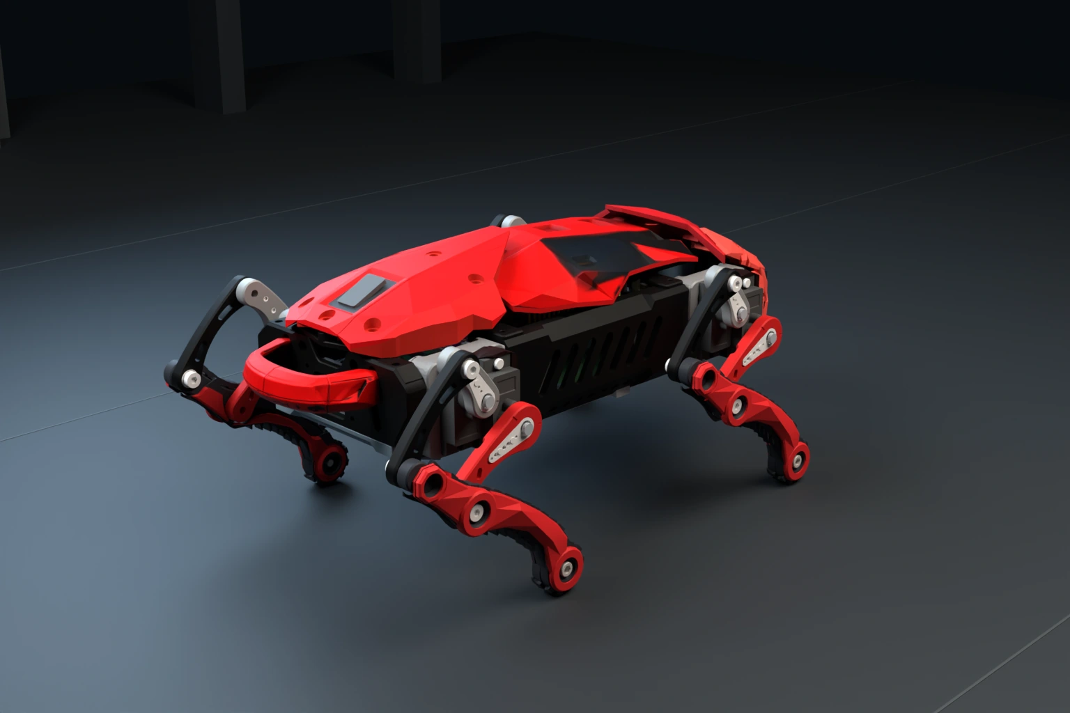 Rear three-quarter Blender render of Ainekio’s shell and linkage assembly