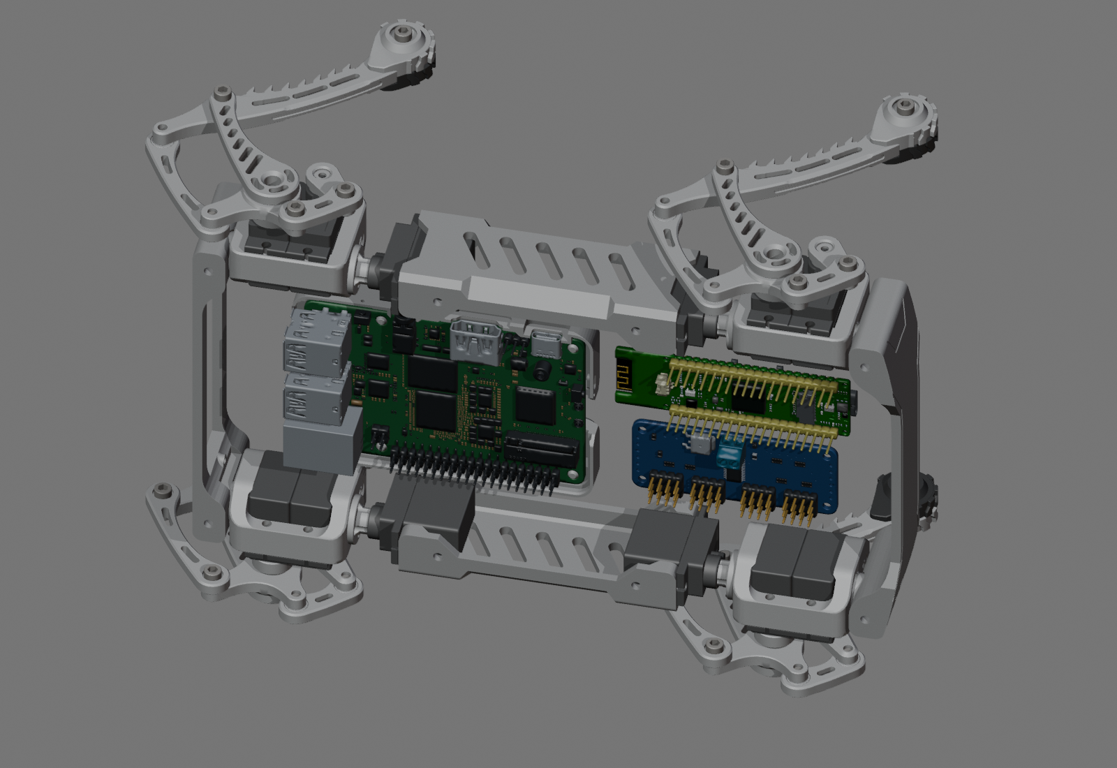 Earlier widened-chassis CAD assembly with all four legs and exposed electronics, before the later housing, front-panel, and cover revisions.