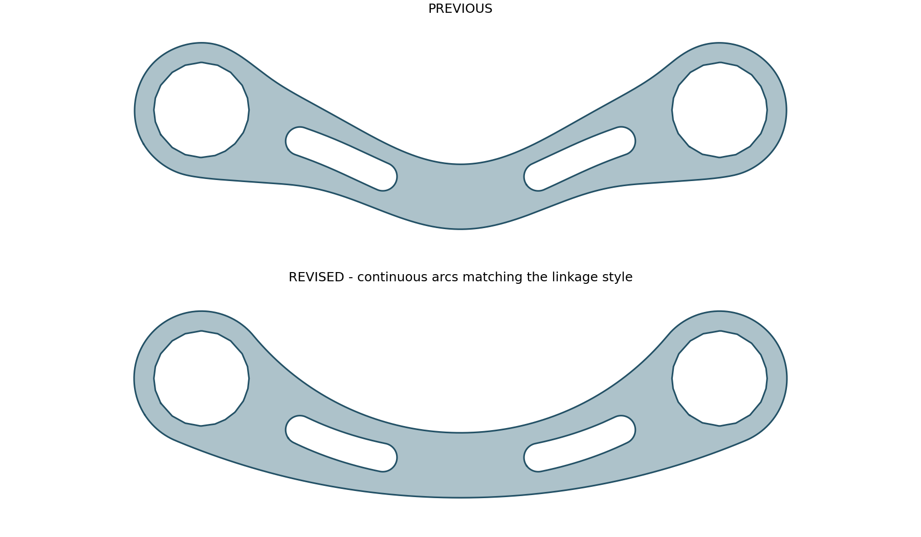 Comparison of the earlier Part 26 bend and the revised continuous curve, with the two mounting ends and oval openings retained.