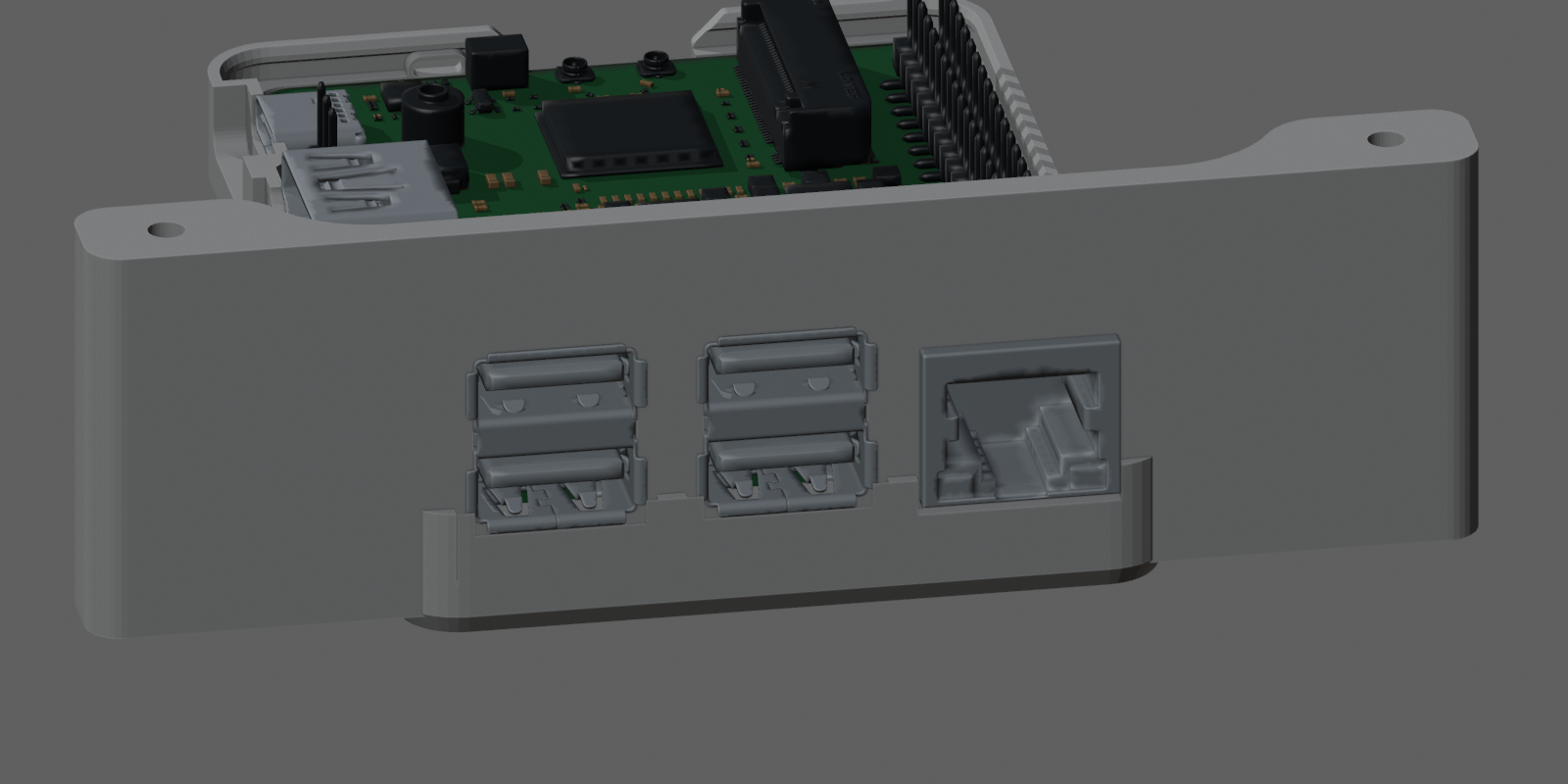 Oblique CAD view of the front panel around the Q6A’s two USB stacks and Ethernet connector.