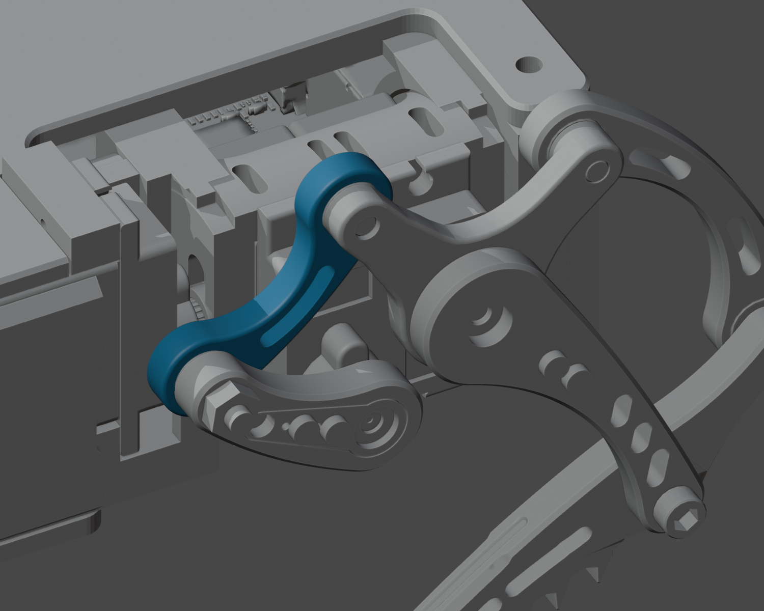 CAD view of the imported short linkage fitted to the leg assembly.