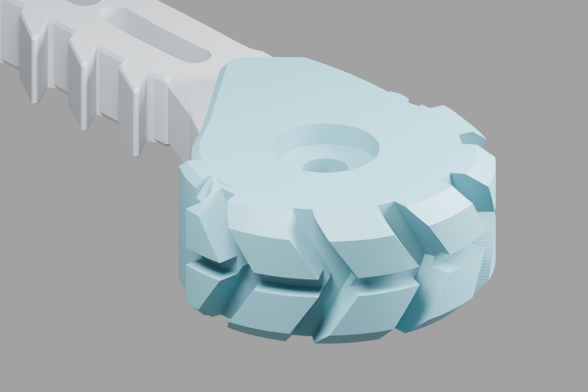 CAD close-up of the later foot with angled tread lugs and a recessed bolt seat.
