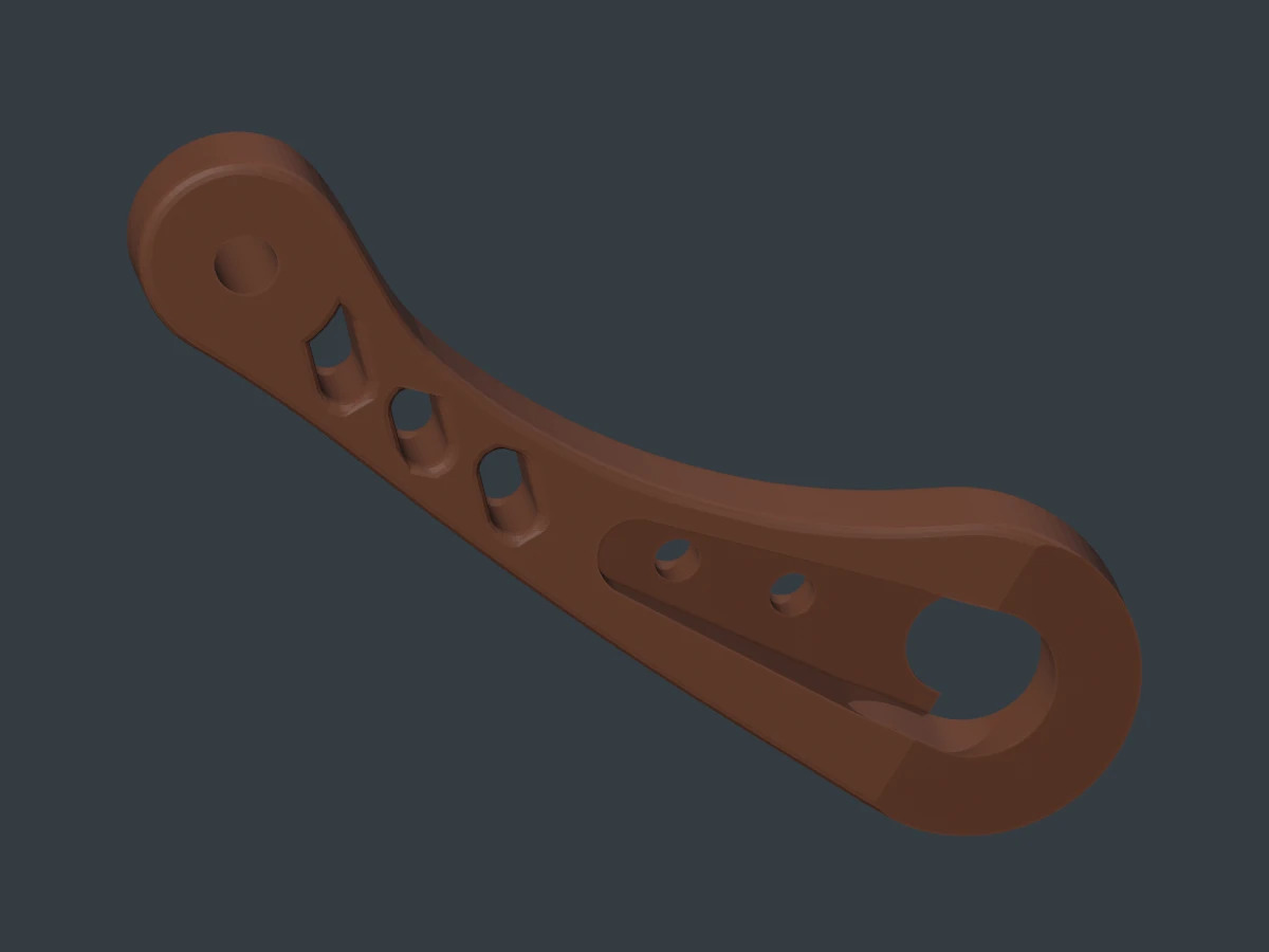 CAD render of Part_023 showing the corrected horn-arm cavity and retained cylindrical mating seat.