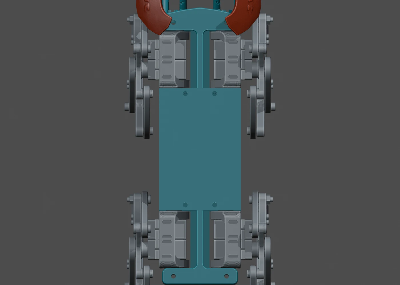 Top detail of the narrow chassis, showing the central plate between the paired servo assemblies.