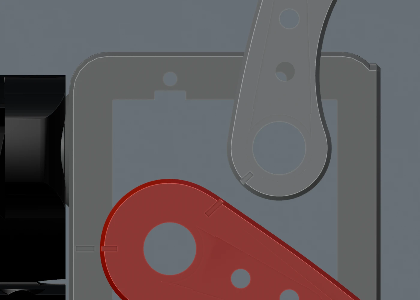 Close Blender view of matching grooves on the red leg arm, gray crank and adjacent carrier surfaces.