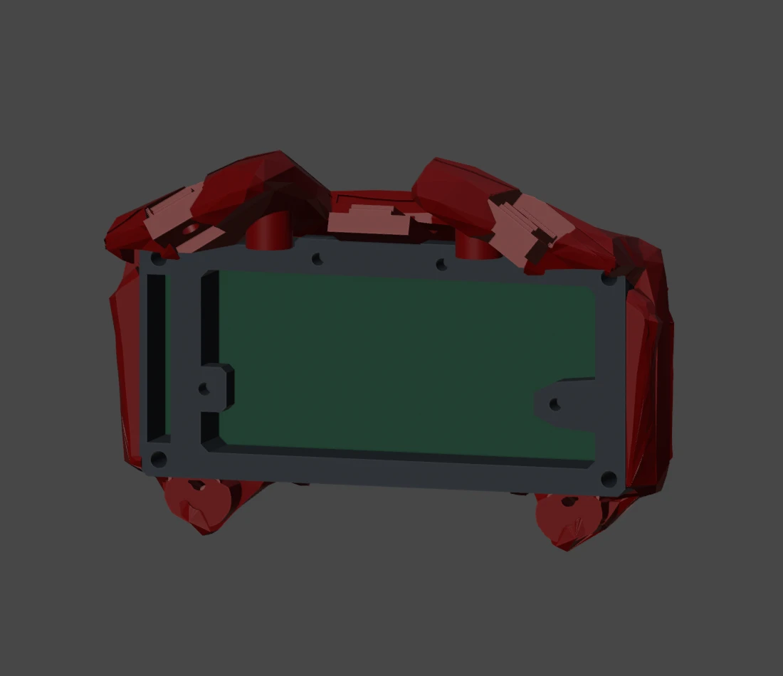 Rear Blender view of the fitted LCD board and gray carrier inside the red mask, showing the open center and header route.