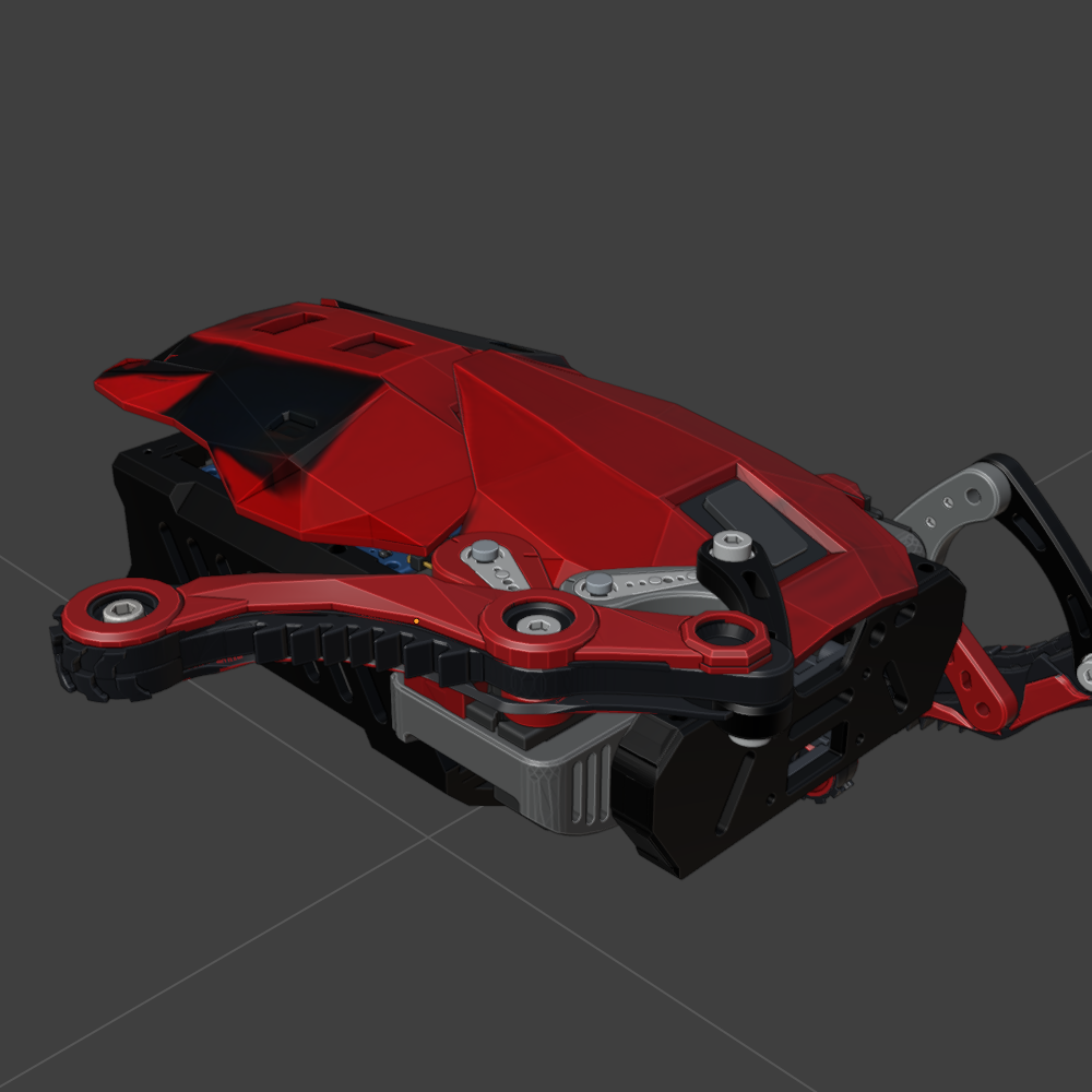 Blender reference showing the shoulder linkage folded near the shell