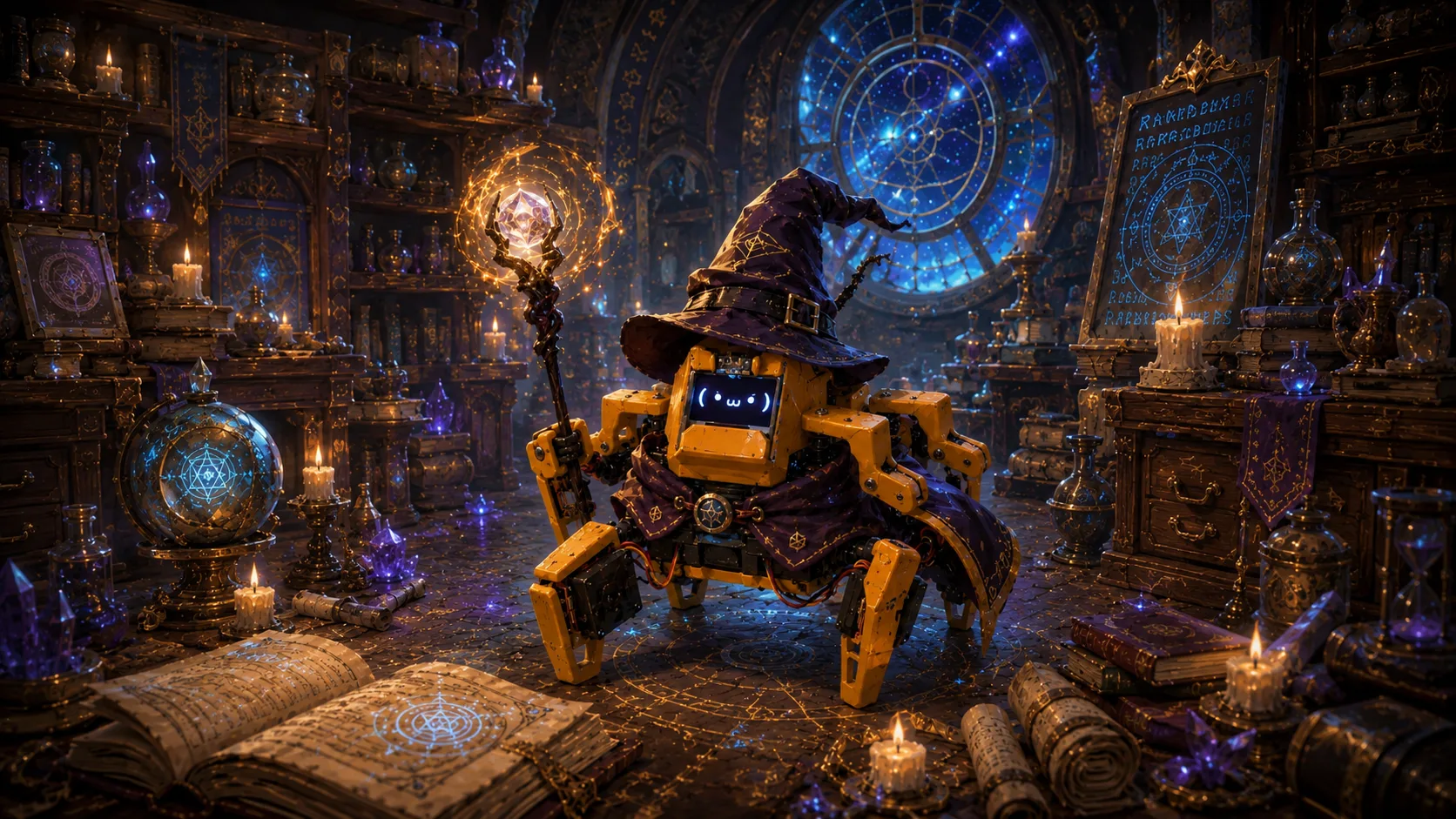 Original Ainekio illustration: the eight-servo robot as a familiar in a wizard's workshop